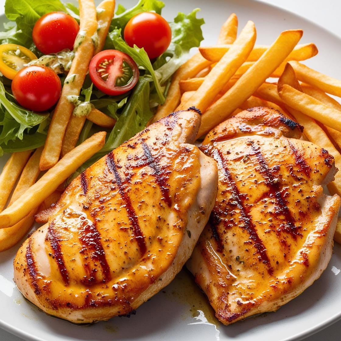 Grilled chicken breasts with french fries and salad