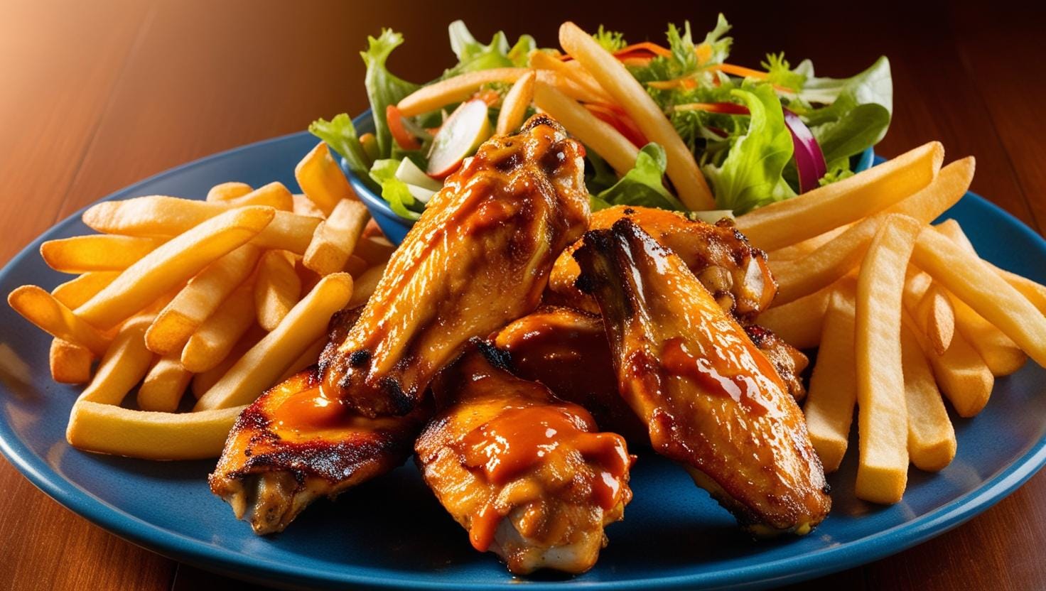 Grilled chicken wings with fries and salad