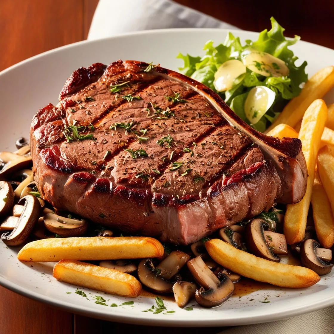 Steak with mushrooms, french fries and salad